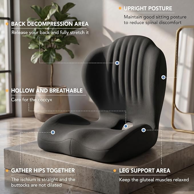 Ergonomic Memory Foam Seat Cushion with Back Support, Contoured for Office Chair, Car, Gaming, and Wheelchair, Breathable & Washable Cover, Black