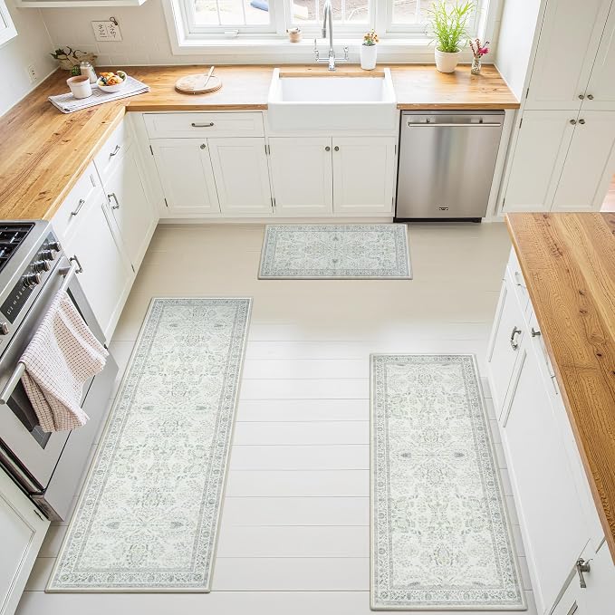 GRANNY SAYS Boho Kitchen Rug Sets of 3, Non Slip Washable Faux Wool Kitchen Mats for Floor, Thick Soft Anti-Fatigue Comfort Standing Mat Runner Rugs for Hallway Laundry Room, Green & White
