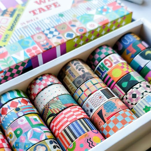 34 Rolls Geometric Washi Tape Set, Aesthetic Decorative Tape for Scrapbooking, Journaling, Bullet Journals, DIY Crafts and Gift Wrapping