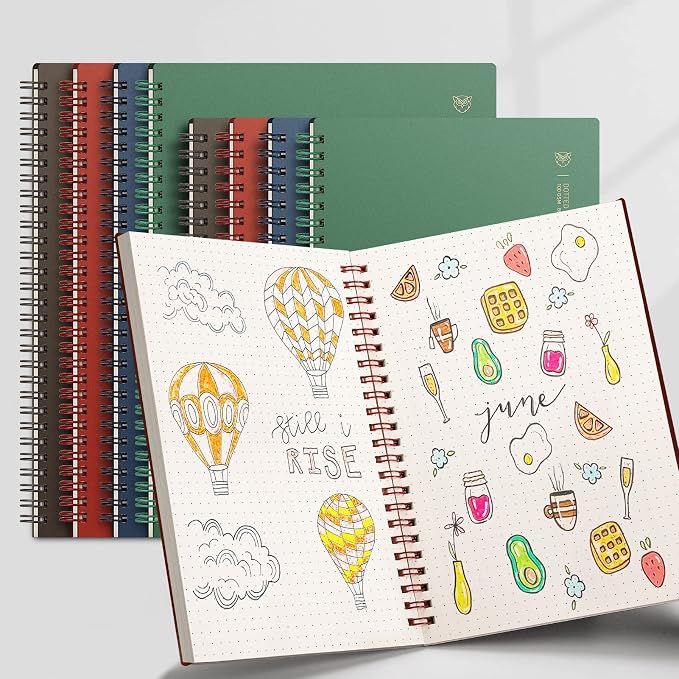 EMSHOI Dotted Journal Spiral Notebook 5.7" x 8.22" - 4 Pack 640 Pages 100gsm Thick Paper, A5 Dot Grid Notebook, Plastic Hardcover Dotted Notebook for Journaling Writing