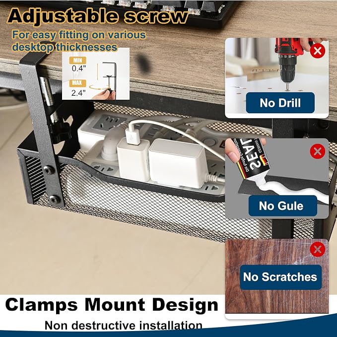 Large Under Desk Cable Management Tray - Heavy Duty Metal Cord Organizer with No Drill Installation for Office & Home Office Desks to Hide Wires & Power Strips (Black, XL)