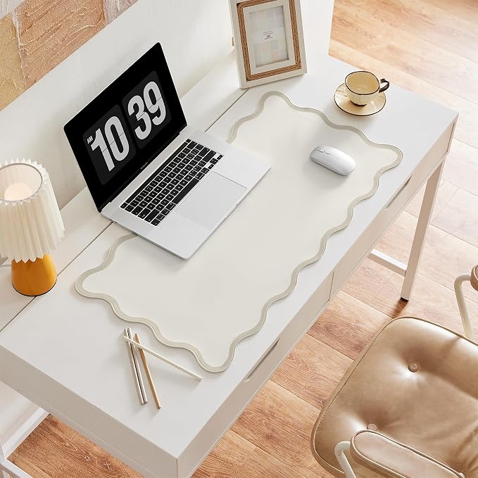 Scalloped Desk Mat, 31.5" x 15.7", PU Leather, Waterproof Anti-Slip, Cute Aesthetic Desk Pad for Office/Home/Game/Vanity (Beige, 31.5" x 15.7")