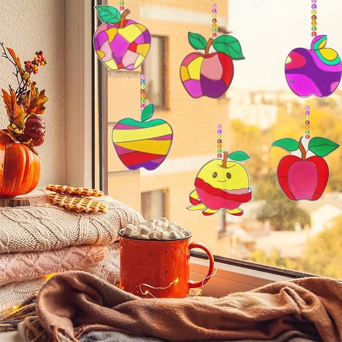 Ayhuhra 30 Sets Apple Suncatche Craft Kits Blank Back to School Sun Catcher DIY Window Paint Art Sets for First Day of School Supplies Home Party Activities Art Project