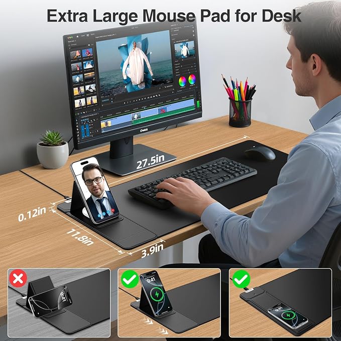 Mouse Pad with Wireless Charging & Foldable Phone Holder, 27.5"x11.8" Black | Desk Protector with Stitched Edges, Non-Slip Base, Laptop Desk Mat, Waterproof Writing Pad for Office & Home
