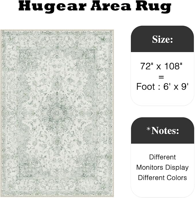 HUGEAR Area Rug 6x9 Vintage Green Machine Washable Living Room Rugs Thin Neutral Floral Vacuumable Low Pile Carpet Bedroom Office Dining Room Laundry Room Non Slip Soft Lightweight