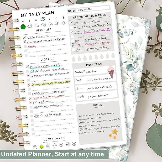 Daily Planner Undated - 6.5"x8.5" To Do List Notebook Spiral Appointment Planner to Organize Tasks & Boost Productivity, Perfect Office & School Supplies for Women & Men, Greenery