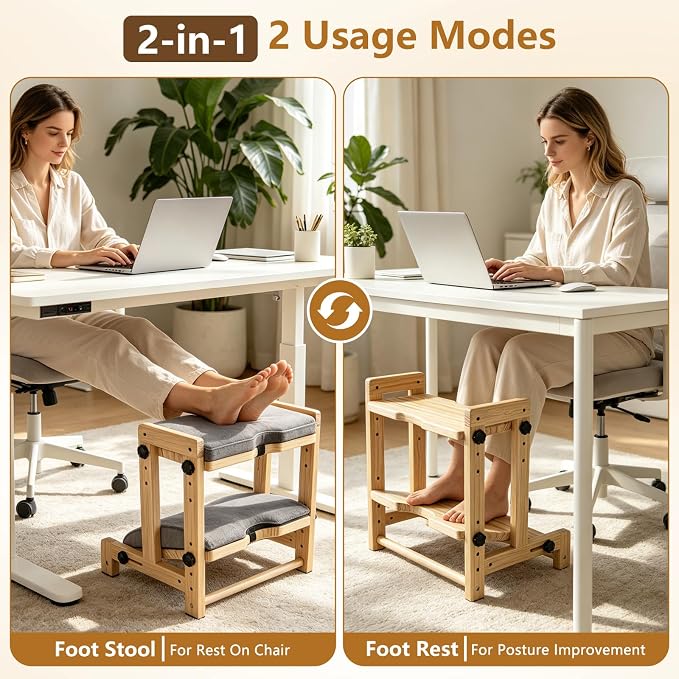 Foot Rest for Under Desk, Double Layer Wooden Foot Stool with 4 Heights Each Layer, Ergonomic Office Gaming Footrest, Wide Anti-Slip Platform with Removable Cushion (Natural Wood)