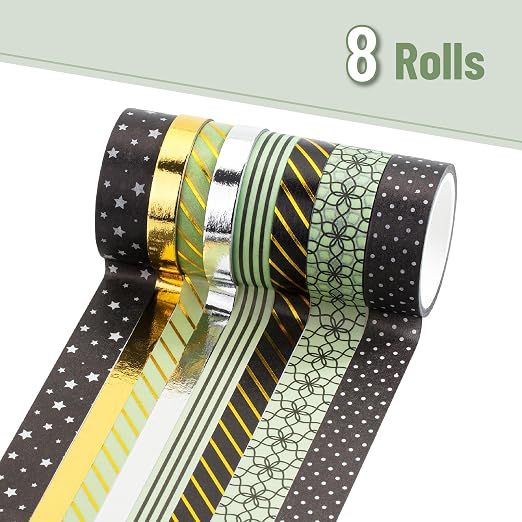 Mr. Pen- Washi Tape Set, 8 Rolls, Assorted Sizes, 5 Yards/Roll | Gold Foil Decorative Tape for Scrapbook, Arts, Crafts, Journals and Planners, Midnight Garden