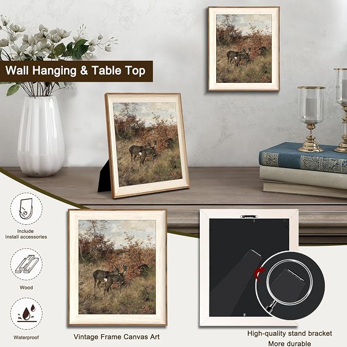 Uniro Vintage Framed Wall Art, Classical Fall Countryside Landscape Oil Painting, Rustic Autumn Deer Hunting Lodge Decor, Farmhouse Wall Decor Canvas Prints Artwork with Antique Frame, Victorian Wall Picture Decor for Gallery Living Room - 10"x12"