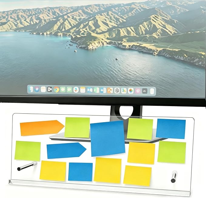 Monitor Memo Board Holder – 14"x5.5"Sticky Note for Desktop Office | Glue-Free, Acrylic Clear Portable, Movable & Reusable, Computer Screen Saver, Monitor Sticky Note Holder for Home Decor