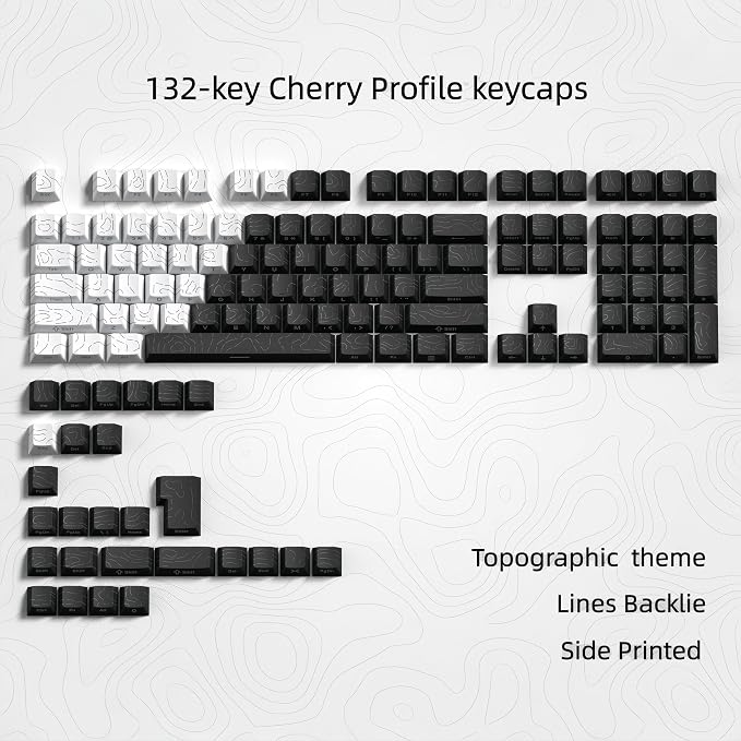 dagaladoo Double Shot PBT keycap Set,White and Black Topographic Keyboard keycaps 60 75 100 Percent,Shine Through Custom keycap Lines Backlit,Cherry Profile Key caps for US Layout Mechanical Keyboard
