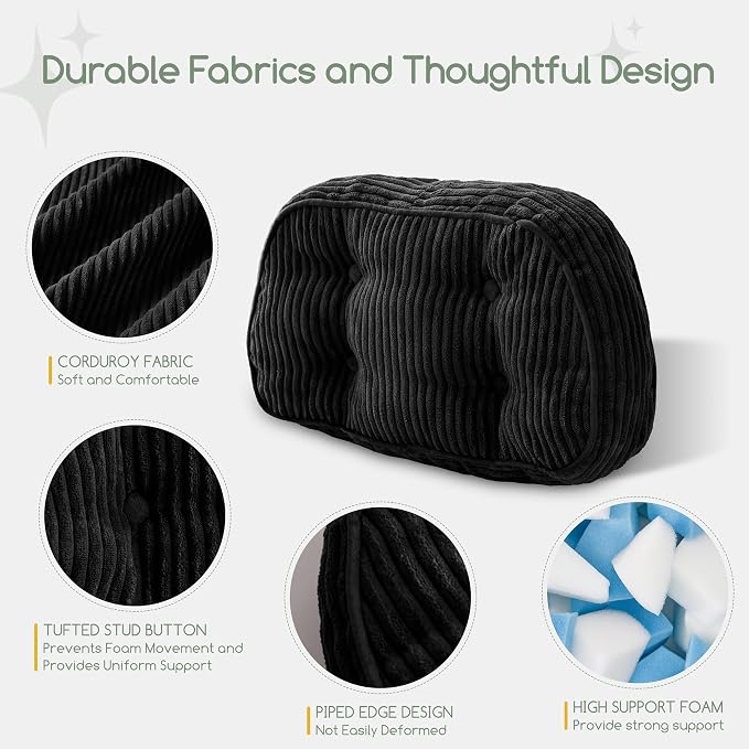 HIGOGOGO Lumbar Support Pillow for Recliner Chair/Accent Chair/Couch/Office Chair, Tufted Corduroy Back Support Cushion for Elderly, Recliner Cushions for Back Rest, Pain Relief, Reading, Black