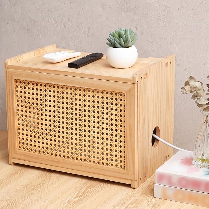 Wi-Fi Router Box Hider, Wi-Fi Router Storage Box with Synthetic Rattan Decor, Modem Cable Cover Organized, Power Strip Cable Hider Rack(Natural Wood Color,16 x 10.4 x 12 Inches,Wood)