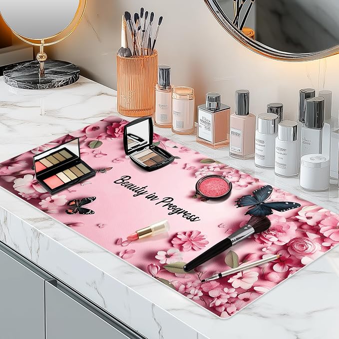 Dual-Sided Waterproof Synthetic Leather Makeup Mat for Desk, Makeup Station, Crafts, Multi-Use Scratch & Stain Resistant Surface Protector Pad for Vanity, Desktop, Craft Table (Butterfly)