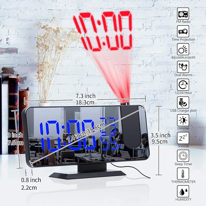 Projection Digital Alarm Clock for Bedrooms,Alarm Clock Radio on Ceiling, | USB Charger Port, Temperature & Humidity Display, 7.3” Large Mirror LED Display,12/24H,Snooze,Dual Loud Clock- 4 Dimmer