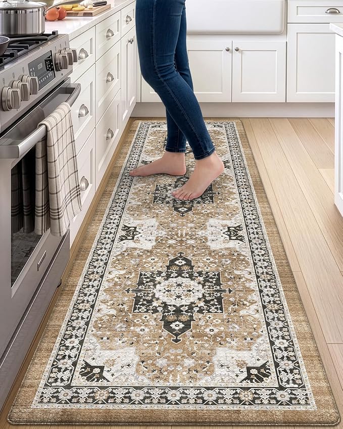 DEXI Kitchen Floor Mats Cushioned Anti Fatigue, 23x86 Long Rubber Standing Comfort Runner Rug, Waterproof Retro Floral Memory Foam Padded for Front Sink Laundry, Black and Brown
