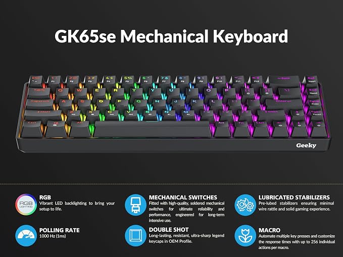 Geeky GK65 SE 65% | Mechanical Gaming Keyboard | 68 Keys Multi Color RGB LED Backlit for PC/Mac Gamer | ANSI US American Layout (Black, Mechanical Speed Yellow)