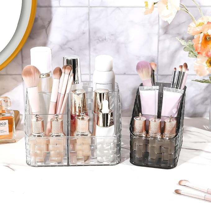 DASITON Makeup Brush Holder Organizer, 3 Slots Acrylic Makeup Brushes Storage Cup, Woven Texture Make Up Brush Holder for Vanity Bathroom Office, Pen Holder for Desk, Cosmetic Display Cases (Grey M)