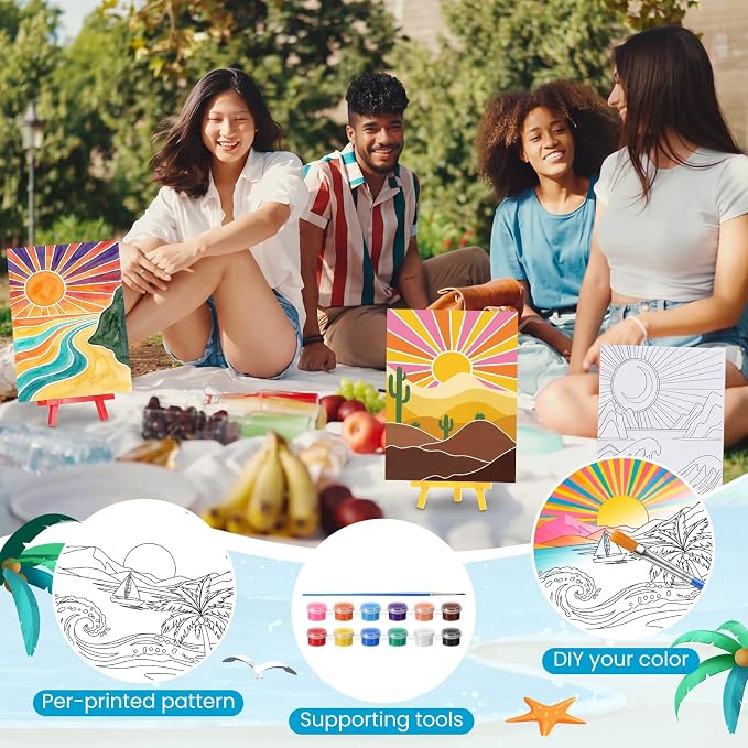 Blosssound 10 Set Pre Printed Sunrise Canvas Pre Drawn Canvas Painting with Easel Kits 5" x 7" Outline Painting Panels for Beginners, DIY Craft Project, Party Favor, Home Decors