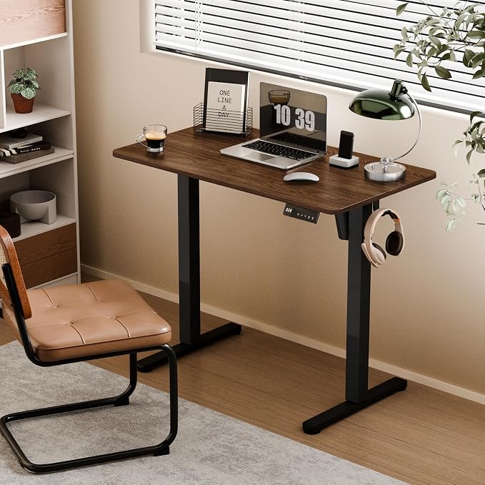 35" Electric Standing Desk, Small Sit Stand up Desk, Dark Walnut | Height Adjustable Computer Desk for Home Office, Compact Work & Gaming Desk with Cable Management and Stable Steel Frame