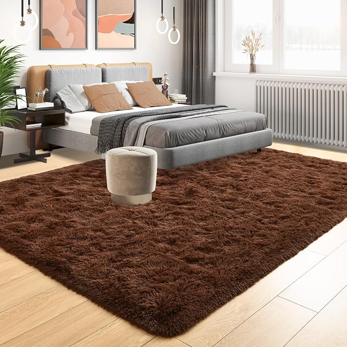 Tepook 6x9 Brown Area Rugs for Living Room Bedroom, Soft Fluffy Plush Shaggy Girls Boys Kids Room Rug, Shag Upgrade Non-Slip Throw Carpet for Dorms Nursery Classroom Home Decor