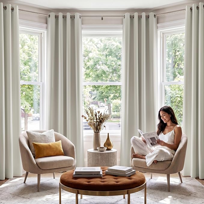 NICETOWN 100% Blackout Curtain Panels 84 inch Long for Living Room, Bone White, 2 Panels, Thermal Insulated Farmhouse Blackout Window Drapes for Bedroom