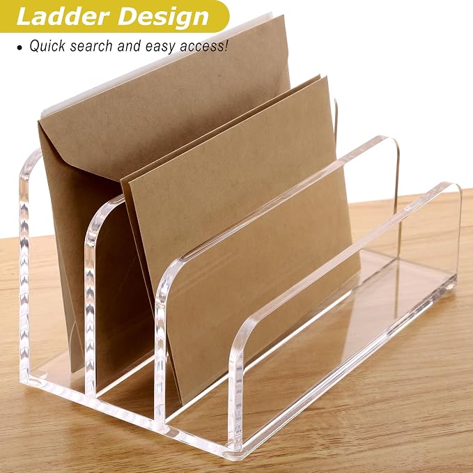 SANRUI Clear Acrylic Mail File Organizer Sorters for Desk, 3 slot Laddered | Desktop Vertical Letter Holder, Multifunction Envelope Folder Racks Holders for Office,Home, School