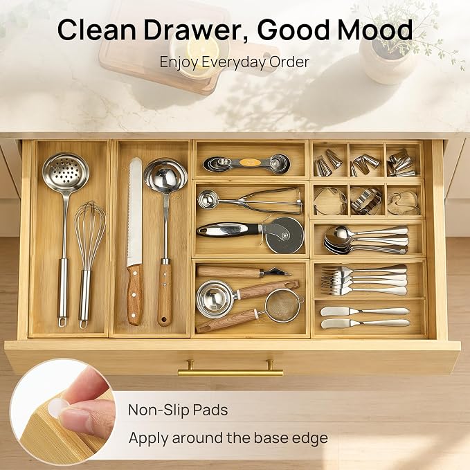 Vtopmart 2 Pack Bamboo Drawer Organizer Boxes, Junk Drawer Storage Trays | Natural Bamboo Storage Dividers for Kitchen, Bathroom, Office & Vanity Drawers, Organize Jewelry, Makeup, Tools & Essentials