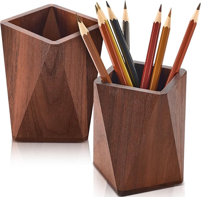 2 Pcs Wood Pen Pencil Holder Geometric Pencil Cup Stand Makeup Organizer for Pen Holder Desk Home Office Adults(Black Walnut)