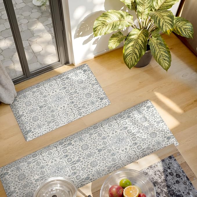 Collive Anti Fatigue Mats for Kitchen Floor, Cushioned Non Skid Kitchens Rug Sets of 2 Waterproof Padded Sink Rugs, Boho Floral Rug Comfort Standing Mat for Home Office, 17.3"x28" + 17.3"x47"