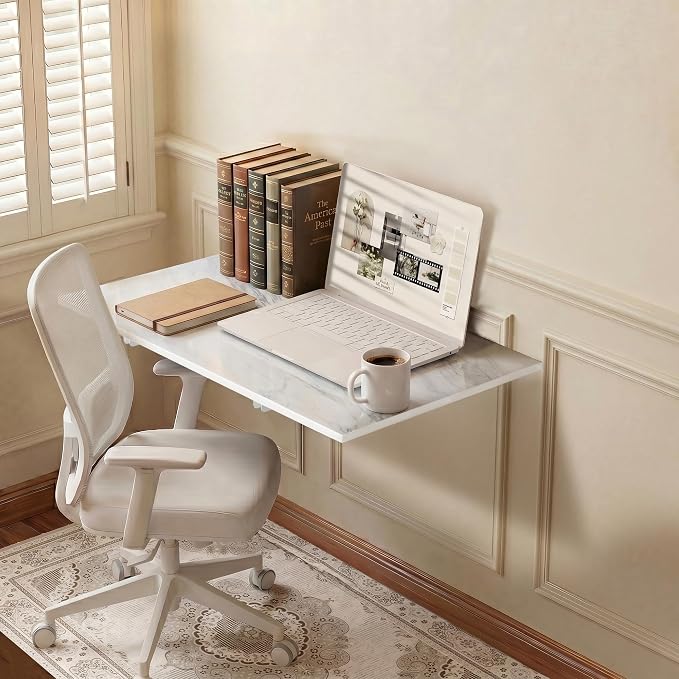 GOYLSER Wall Mounted Table Fold Down Workbench Length 25" Width 15.7", White Marble Laundry Floating Desk for the Garage/Shed/Office/Bar/Home Kitchen & Dining Room