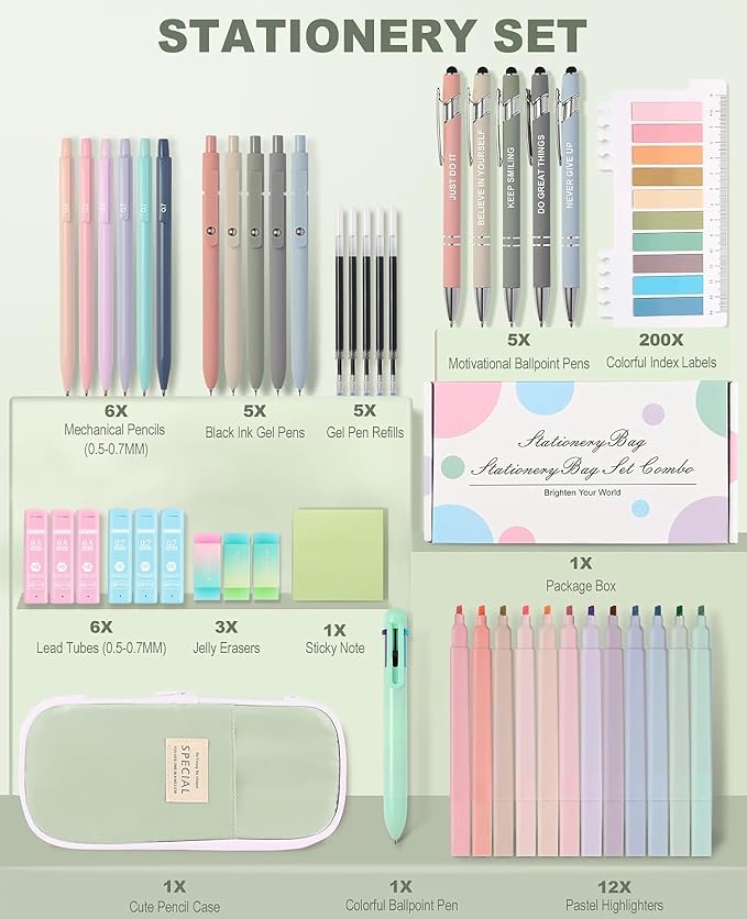 56 PCS Aesthetic School Supplies with Large Pencil Case, 5 Inspirational Ballpoint Pens, 12 Pastel Highlighters, 5 Black Ink Gel Pens, 6 Mechanical Pencils 0.5-0.7mm College Student Essentials (Green)
