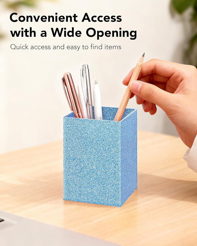 Acrylic Pen Holder Desk Organizer for Office, Blue Glitter | Sparkling glitter acrylic makeup brush and pencil holder for desk, Modern desktop organizer for home, school and office