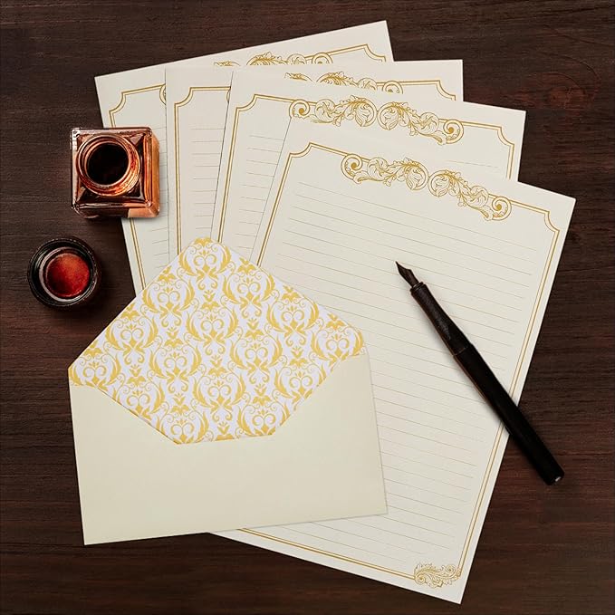 Paper Junkie Letter Paper & Envelopes Set - 60 Sheets (7.2 x 10.2 In) & 30 Ivory Envelopes (4 x 7.7 in), Gold Border, 100 GSM - Vintage Lined Stationery for Love Letters & Invitations