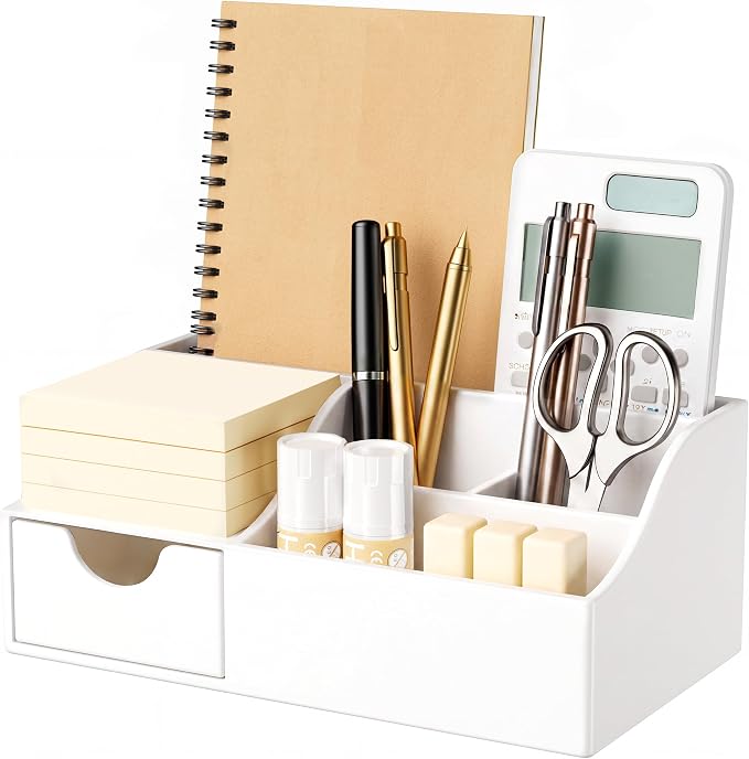 HBlife Acrylic Desk Organizer with Drawer, Pen & Pencil Holder, Multifunctional Desktop Caddy for Office Supply and Organization (White)