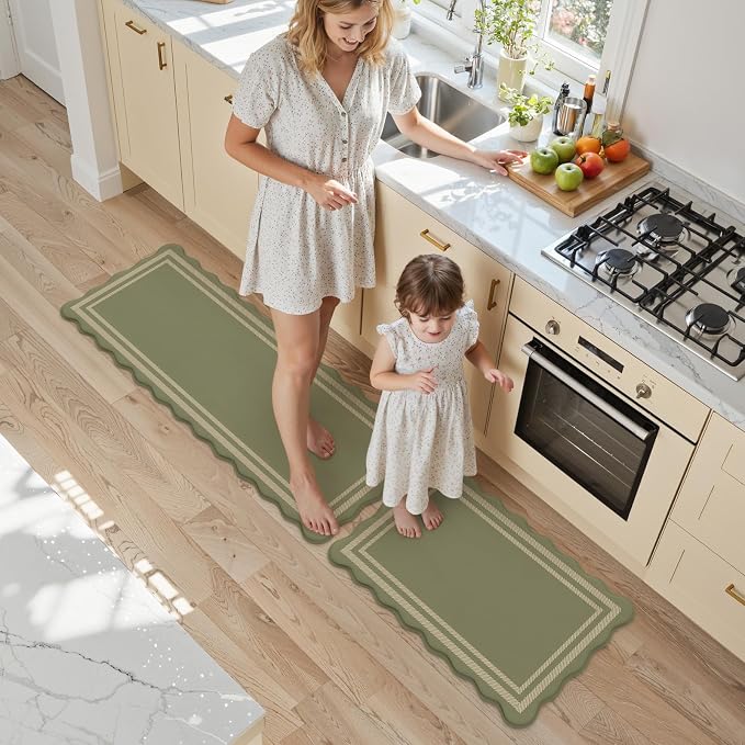 KIMODE Anti Fatigue Mats for Kitchen Floor,Farmhouse Kitchen Rugs Sets of 2 | 17"x47"+17"x29" Cushioned Kitchen Floor Mat Non Skid, Memory Foam Kitchen Mat for Laundry Office Sink Desk Dorm Olive Green