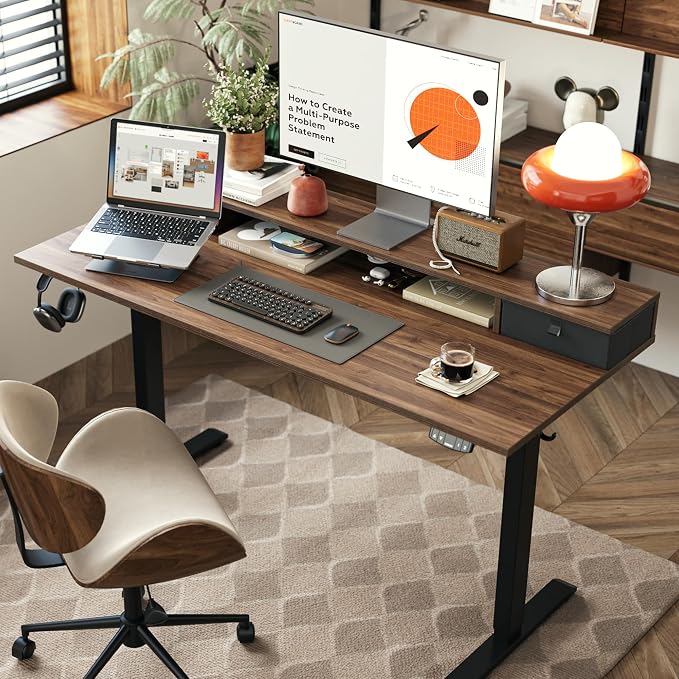 Agilestic 48 x 24 Inches Electric Standing Desk with 2 Storage Drawers, Adjustable Height Sit and Stand Computer Table with Splice Board, Dark Walnut