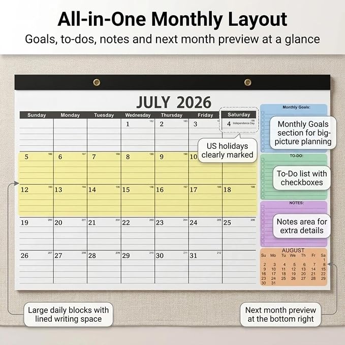 Desk Calendar 2026-2027 - 18 Month Large Monthly Calendar (July 2026 - Dec 2027), 17" x 12" Desktop & Wall Calendar with Thick 120 GSM Paper, Corner Protector for Home, School and Office