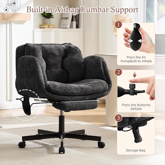 Criss Cross Office Chair with Footrest and 5-Gear Adjustable Arms, Black | Wide seat cross-legged desk chair, flip lumbar pillow, airbag support, chenille fabric, for home office vanity and meditation