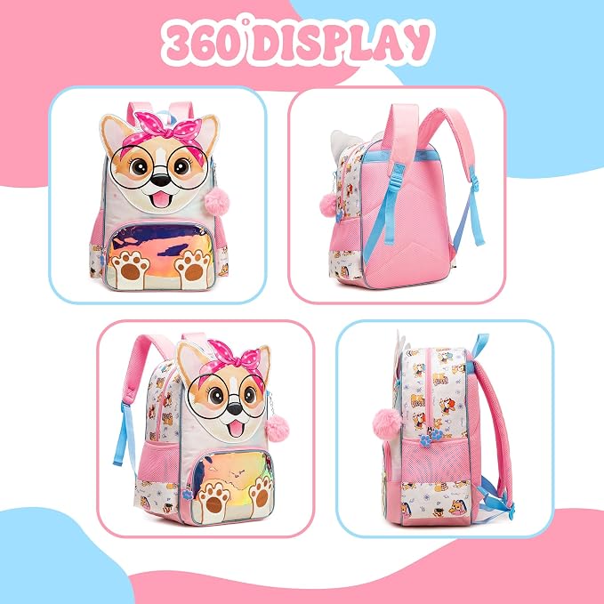 Meetbelify 3 in 1 Backpack for Girls Backpack for Elementary Student Cute Kids Travel Bookbag with Lunch Box Pencil Case for Girls Ages 6-8