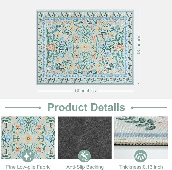 Anidaroel 48"x60" Office Chair Mat for Hardwood Floor/Tile, Anti-Slip Floral Floor Mat for Office Chair, Tea Green Desk Chair Mats for Hardwood, Low Pile Floor Protector for Rolling Chairs