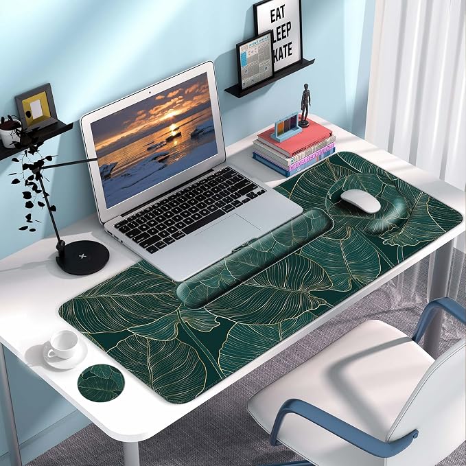 Desk Mat Set + Keyboard and Mouse Pad with Wrist Rest Support,4-in-1 Large Mousepad Computer Mats for Desktop Home & Office-Green Leaves