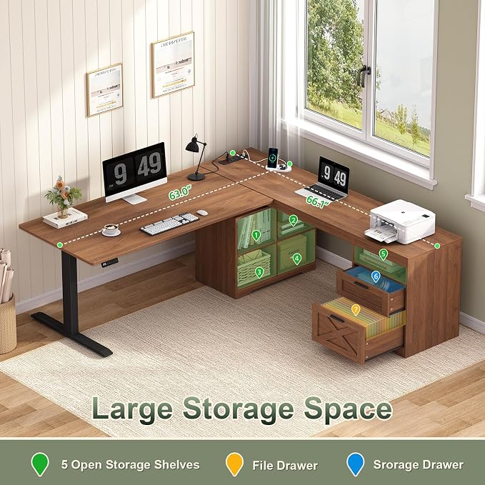 66 inch Farmhouse L Shaped Standing Desk with Storage for Home Office | Corner Electric Standing Desk with Drawers ＆ Storage Shelves, Height Adjustable Computer Desk with Power Outlets, Brown