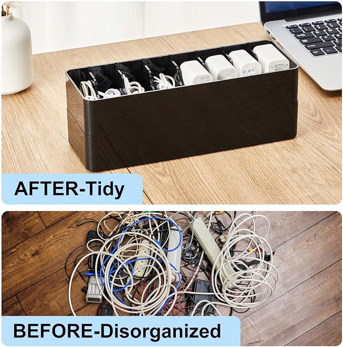 Tatuo 4 Pcs Cord Organizer for Drawer Desktop, Cable Organizer Box with 8 Compartments and Wire Ties, Plastic Charger Storage with Lid, Electronics Case for Home Office Accessories (Small,Black)