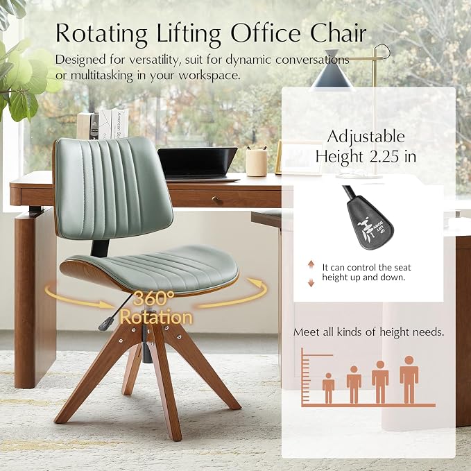 HULALA HOME Faux Leather Home Office Desk Chair No Wheels, Sage | Mid-Century Modern Desk Chair with Wood Legs, 360° Swivel Computer Task Chair with Channel-Tufted Backrest, Height Adjustable