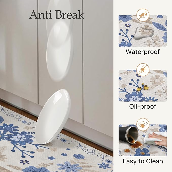 GENIMO Anti Fatigue Kitchen Mats for Floor 2PCS, Cushioned Standing Mats | 17.3"x47"&17.3"x30", Beige Blue vintage floral rug set, waterproof, non slip, easy-clean for farmhouse