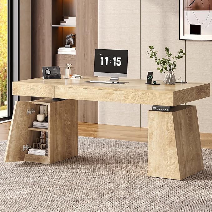 UPOSOJA 55 in Executive Standing Desk, Modern Electric Height Adjustable Desk with Drawer, Storage Cabinet, Shelves, Power Outlet, Wood Sit Stand up Computer Desks for Home Office, Natural Oak