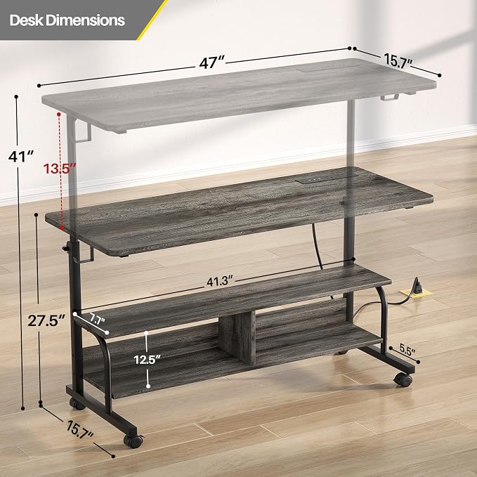Armocity Rolling Standing Desk with Charging Station, Portable Height Adjustable Mobile Computer Desk with Wheels & 2-Tier Shelves & Hooks, Easy Assembly Laptop Table for Couch Bed, 47" Grey Oak
