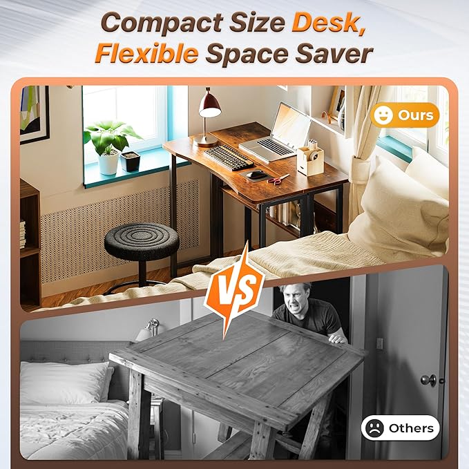 Huuger Folding Desk with Storage Shelf, 31.5 Inch Foldable Computer Table for Small Spaces, Space Saving Sofa Table for Couch, Writing Work Office Computer Desk, Easy to Fold, Rustic Brown