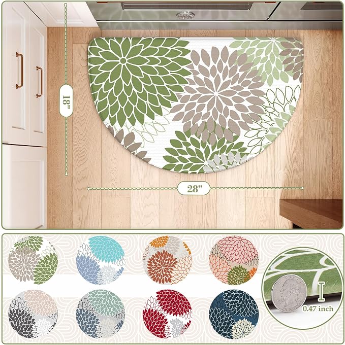 KIMODE Half Circle Kitchen Mats for Floor Cushioned Anti Fatigue Semi Round | Half Round,28"x18",Dahlia Boho,Sage Green,Kitchen Rug Non Slip ,Waterproof Sink Floor Mat Carpet Decor for Laundry Bathroom